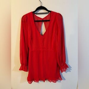 Lulu's Red Ruffled V-Neck Open Back Mini Dress- Large